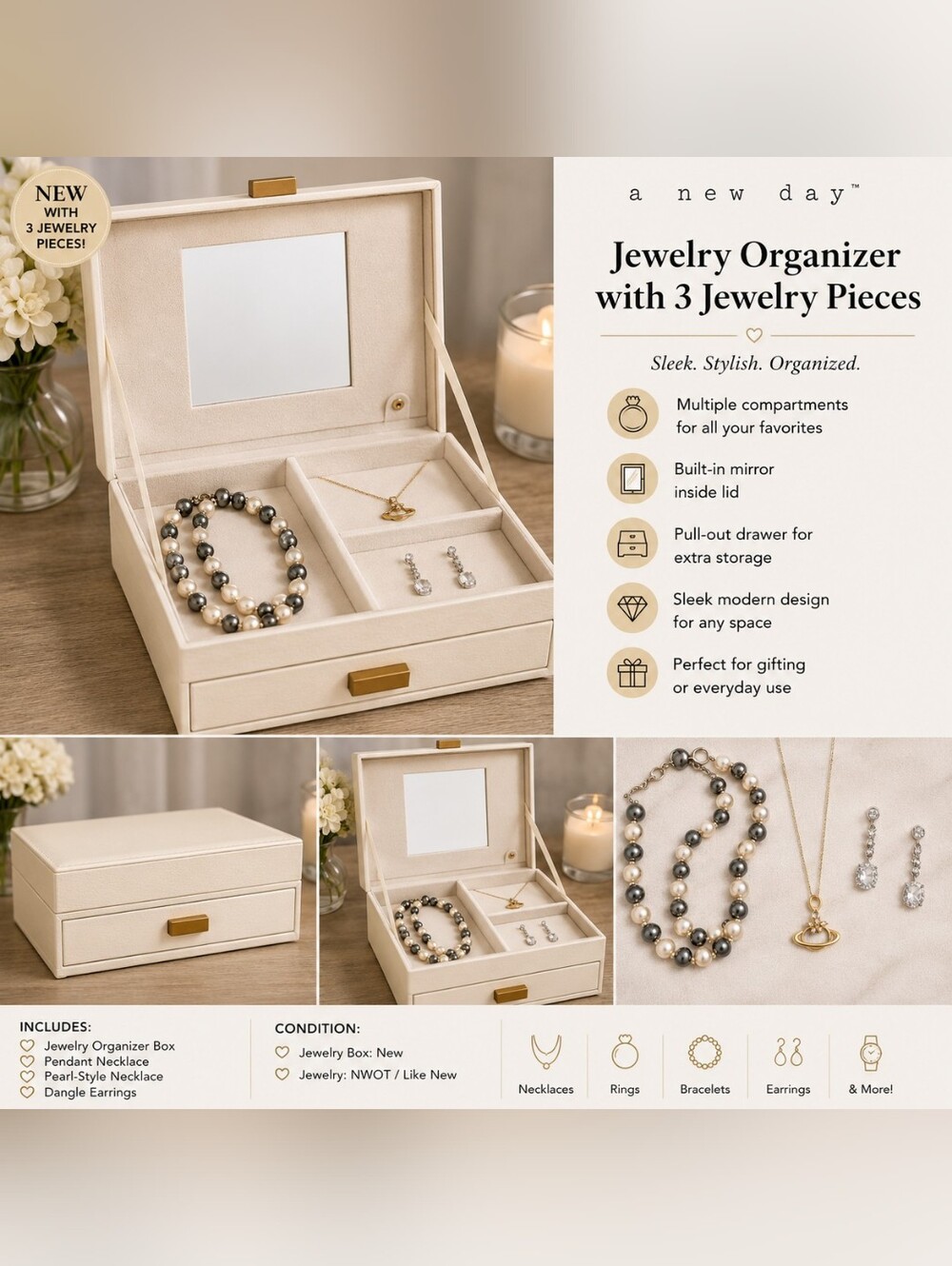 Jewelry Organizer Box with 3 Jewelry Pieces ✨🤍
